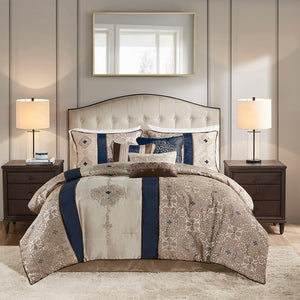 English Elm Cal King Madison Park Donovan 7-Piece Jacquard Comforter Set in Navy Taupe Ivory Brown with Embroidered Medallions and Decorative Pillows B03596995