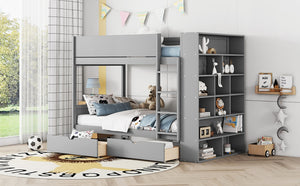 English Elm Twin Over Kids Bunk Bed Pinewood Frame with Built-in Drawers and Cabinet Storage Gray LT000768AAE