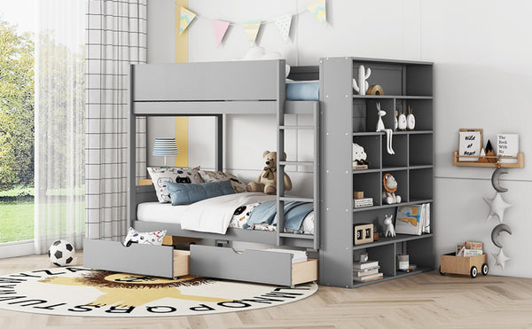 English Elm Twin Over Kids Bunk Bed Pinewood Frame with Built-in Drawers and Cabinet Storage Gray LT000768AAE