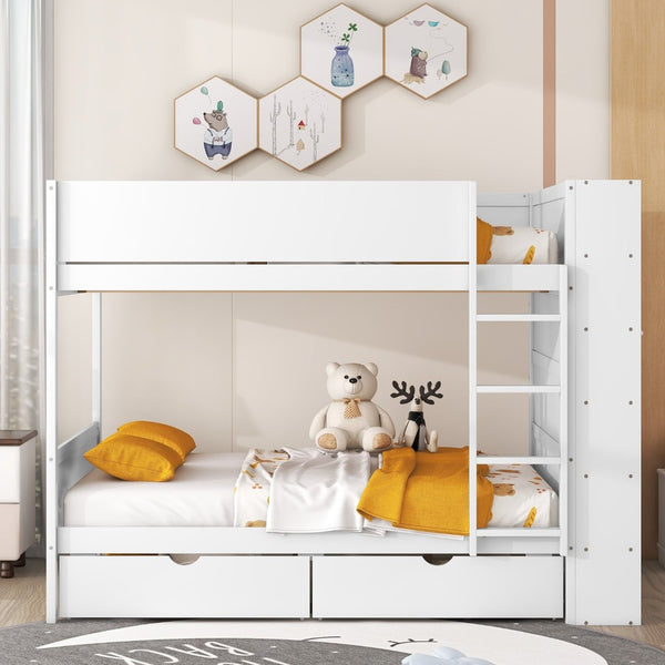 English Elm Full Over Bunk Bed with Built-in Drawers Cabinet Pinewood Kids Bedroom White LT000769AAK