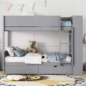 English Elm Twin Over Kids Bunk Bed Pinewood Frame with Built-in Drawers and Cabinet Storage Gray LT000768AAE