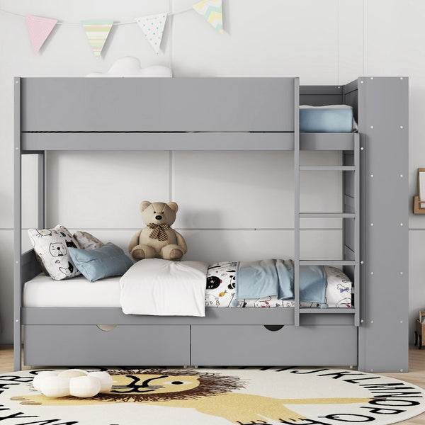 English Elm Twin Over Kids Bunk Bed Pinewood Frame with Built-in Drawers and Cabinet Storage Gray LT000768AAE
