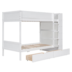 English Elm Twin Over Kids Bunk Bed Pinewood Frame with Built-in Drawers and Cabinet Storage White LT000768AAK