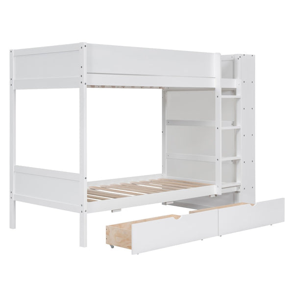English Elm Twin Over Kids Bunk Bed Pinewood Frame with Built-in Drawers and Cabinet Storage White LT000768AAK