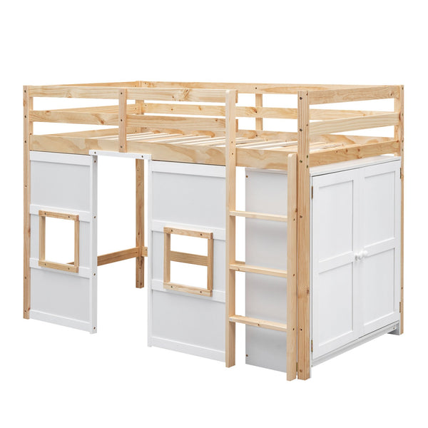 English Elm Wood Twin Loft Bed with Built-In Wardrobe, Play Space Below, Sturdy Pine & MDF Frame, Safe Design Natural+White GX000443AAK