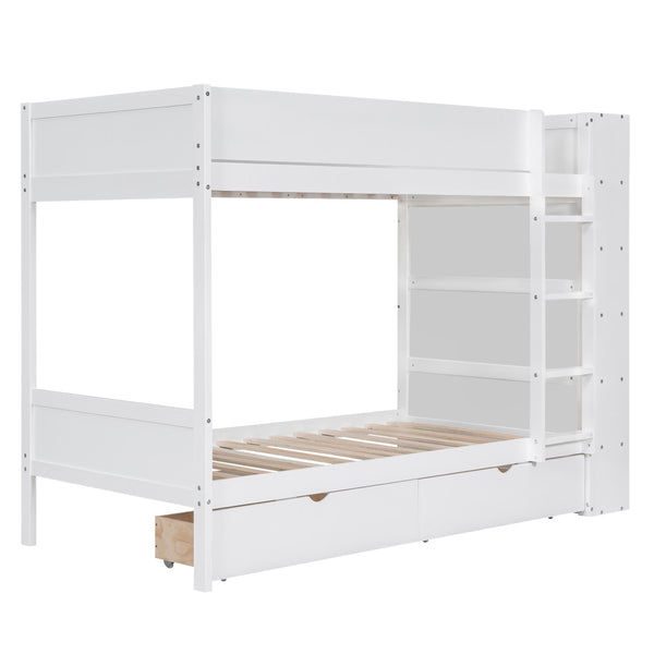 English Elm Twin Over Kids Bunk Bed Pinewood Frame with Built-in Drawers and Cabinet Storage White LT000768AAK