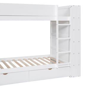 English Elm Twin Over Kids Bunk Bed Pinewood Frame with Built-in Drawers and Cabinet Storage White LT000768AAK