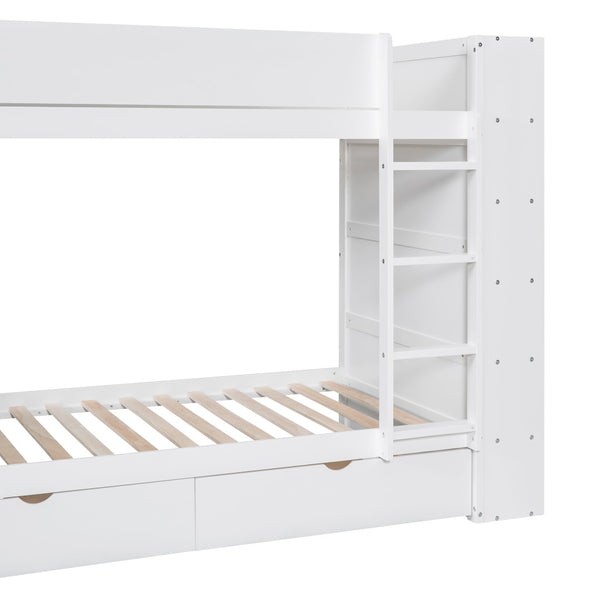 English Elm Twin Over Kids Bunk Bed Pinewood Frame with Built-in Drawers and Cabinet Storage White LT000768AAK