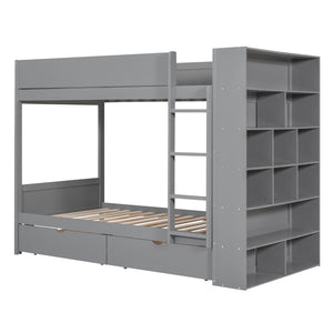 English Elm Twin Over Kids Bunk Bed Pinewood Frame with Built-in Drawers and Cabinet Storage Gray LT000768AAE