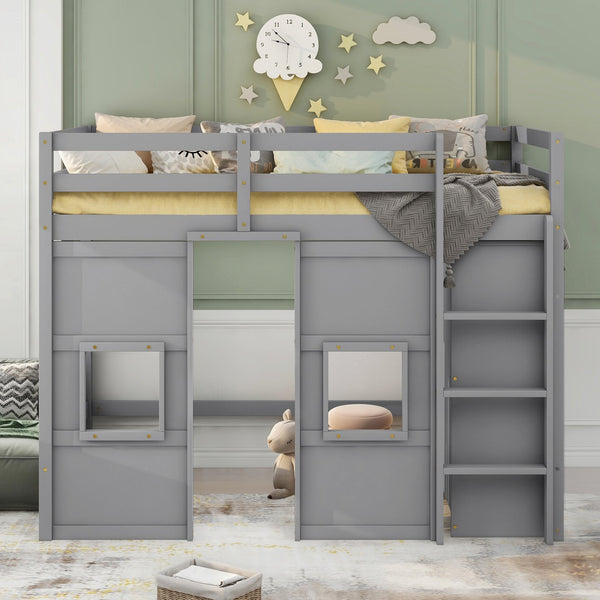 English Elm Wood Twin Loft Bed with Built-In Wardrobe, Play Space Below, Sturdy Pine & MDF Frame, Safe Design Gray GX000443AAE