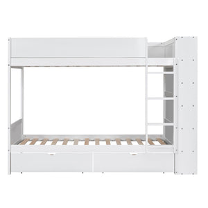 English Elm Twin Over Kids Bunk Bed Pinewood Frame with Built-in Drawers and Cabinet Storage White LT000768AAK
