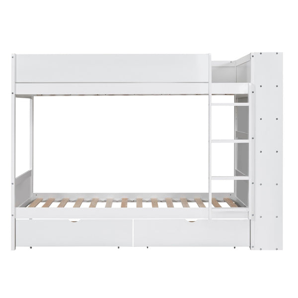 English Elm Twin Over Kids Bunk Bed Pinewood Frame with Built-in Drawers and Cabinet Storage White LT000768AAK