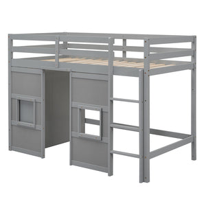 English Elm Wood Twin Loft Bed with Built-In Wardrobe, Play Space Below, Sturdy Pine & MDF Frame, Safe Design Gray GX000443AAE