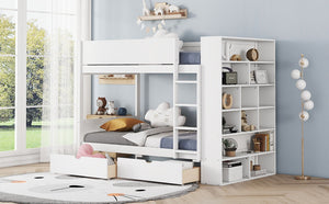English Elm Twin Over Kids Bunk Bed Pinewood Frame with Built-in Drawers and Cabinet Storage White LT000768AAK