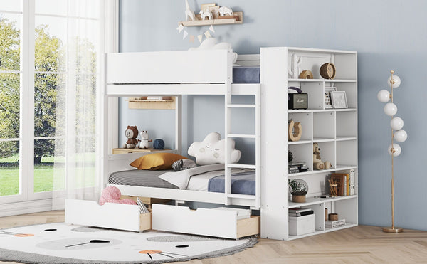 English Elm Twin Over Kids Bunk Bed Pinewood Frame with Built-in Drawers and Cabinet Storage White LT000768AAK