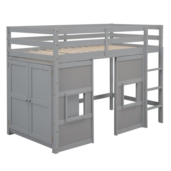 English Elm Wood Twin Loft Bed with Built-In Wardrobe, Play Space Below, Sturdy Pine & MDF Frame, Safe Design Gray GX000443AAE