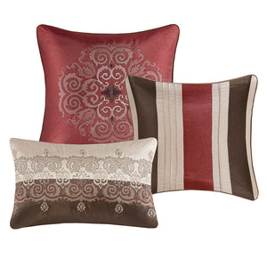 English Elm Queen Donovan Red Jacquard 7-Piece Comforter Set with Embroidered Taupe Accents, Shams & Pillows B03597220