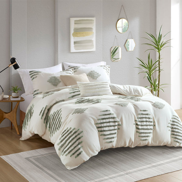English Elm Full/Queen Cotton Blend Chenille Duvet Cover Set in Green+Ivory — Tufted Texture, OEKO-TEX Safe Finish B035P148278