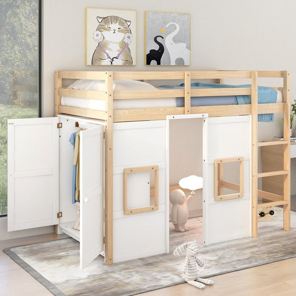 English Elm Wood Twin Loft Bed with Built-In Wardrobe, Play Space Below, Sturdy Pine & MDF Frame, Safe Design Natural+White GX000443AAK