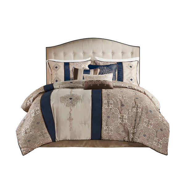 English Elm Queen Madison Park Donovan 7-Piece Jacquard Comforter Set in Navy Taupe Ivory Brown with Embroidered Medallions B03596993