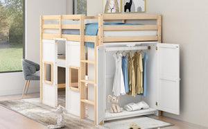 English Elm Wood Twin Loft Bed with Built-In Wardrobe, Play Space Below, Sturdy Pine & MDF Frame, Safe Design Natural+White GX000443AAK