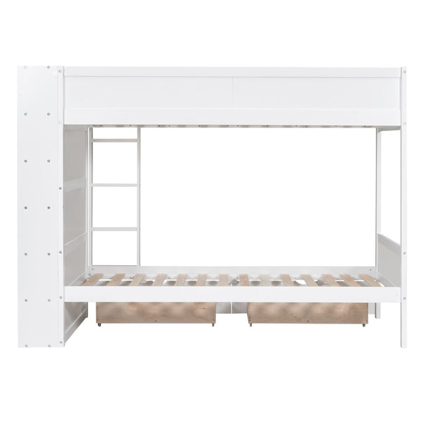 English Elm Twin Over Kids Bunk Bed Pinewood Frame with Built-in Drawers and Cabinet Storage White LT000768AAK