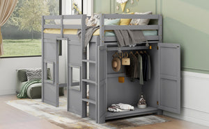 English Elm Wood Twin Loft Bed with Built-In Wardrobe, Play Space Below, Sturdy Pine & MDF Frame, Safe Design Gray GX000443AAE