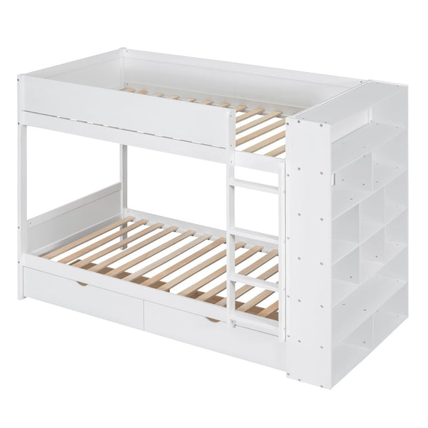 English Elm Twin Over Kids Bunk Bed Pinewood Frame with Built-in Drawers and Cabinet Storage White LT000768AAK