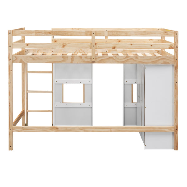 English Elm Wood Twin Loft Bed with Built-In Wardrobe, Play Space Below, Sturdy Pine & MDF Frame, Safe Design Natural+White GX000443AAK