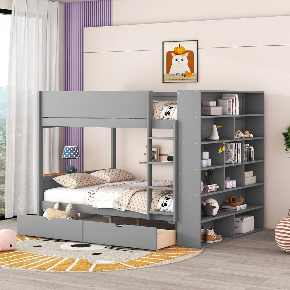 English Elm Full Over Bunk Bed with Built-in Drawers Cabinet Pinewood Kids Bedroom Gray LT000769AAE