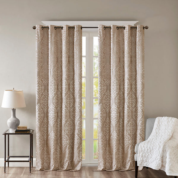 English Elm Knitted SunSmart Mirage Jacquard Damask Total Blackout Curtain Panel Pair 2-Pack Champagne 50x84" B035129803