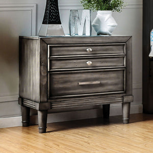 English Elm Modern Gray Finish Nightstand with Hidden Drawer & Felt-Lined Top, Carved Details, Nickel Knobs B011P144702
