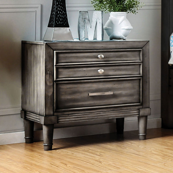 English Elm Modern Gray Finish Nightstand with Hidden Drawer & Felt-Lined Top, Carved Details, Nickel Knobs B011P144702