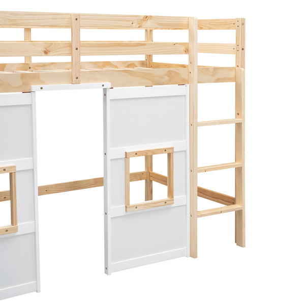 English Elm Wood Twin Loft Bed with Built-In Wardrobe, Play Space Below, Sturdy Pine & MDF Frame, Safe Design Natural+White GX000443AAK
