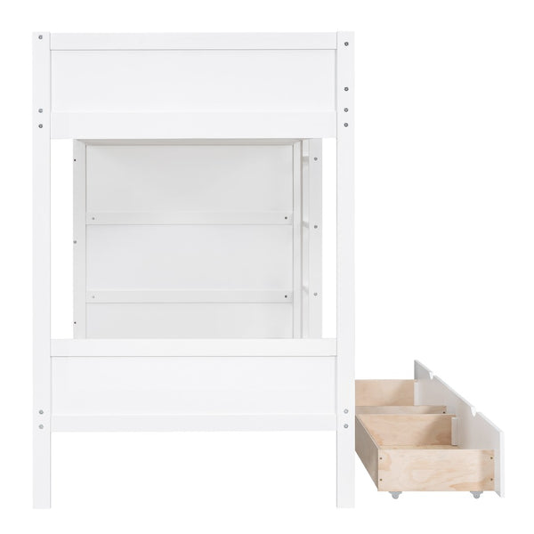 English Elm Twin Over Kids Bunk Bed Pinewood Frame with Built-in Drawers and Cabinet Storage White LT000768AAK