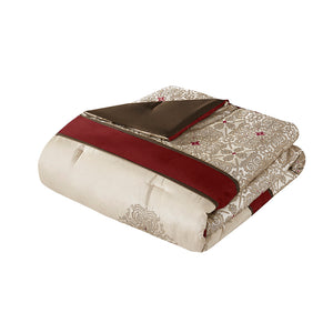 English Elm Queen Donovan Red Jacquard 7-Piece Comforter Set with Embroidered Taupe Accents, Shams & Pillows B03597220