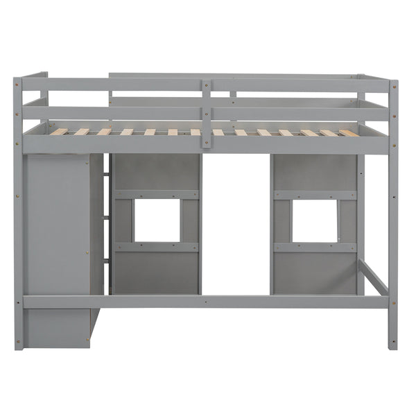 English Elm Wood Twin Loft Bed with Built-In Wardrobe, Play Space Below, Sturdy Pine & MDF Frame, Safe Design Gray GX000443AAE