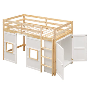 English Elm Wood Twin Loft Bed with Built-In Wardrobe, Play Space Below, Sturdy Pine & MDF Frame, Safe Design Natural+White GX000443AAK