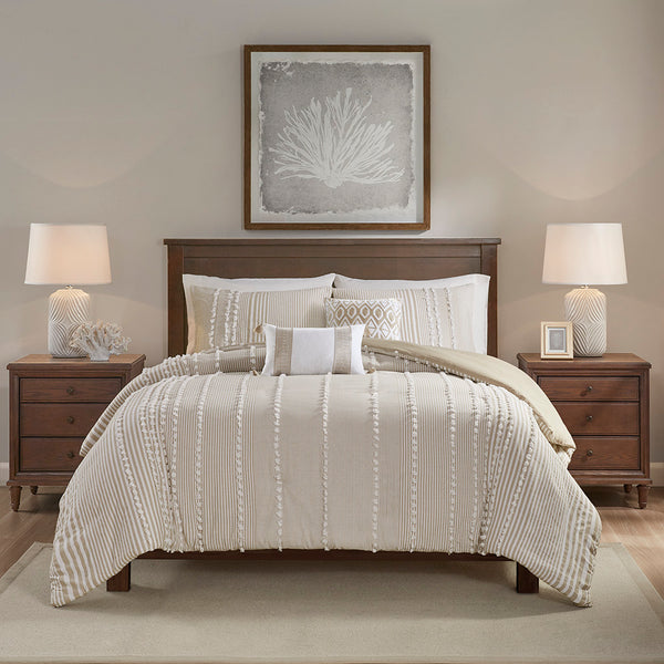 English Elm King Anslee Cotton Yarn-Dyed 3-Piece Duvet Cover Set – Taupe Striped Chenille, OEKO-TEX, Button Closure B03595781