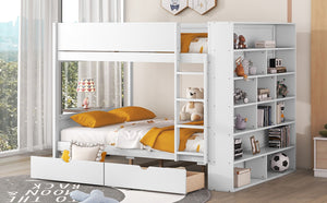 English Elm Full Over Bunk Bed with Built-in Drawers Cabinet Pinewood Kids Bedroom White LT000769AAK