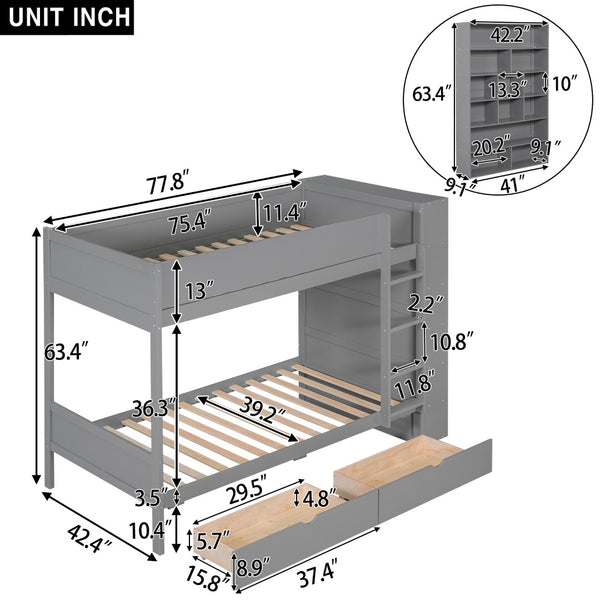 English Elm Twin Over Kids Bunk Bed Pinewood Frame with Built-in Drawers and Cabinet Storage Gray LT000768AAE