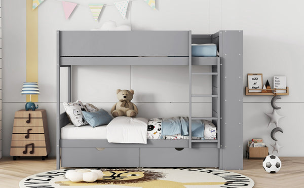 English Elm Twin Over Kids Bunk Bed Pinewood Frame with Built-in Drawers and Cabinet Storage Gray LT000768AAE