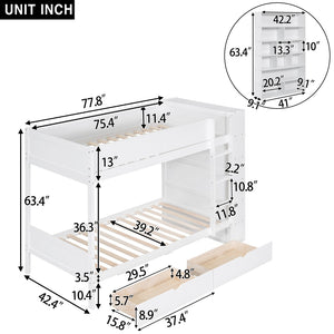 English Elm Twin Over Kids Bunk Bed Pinewood Frame with Built-in Drawers and Cabinet Storage White LT000768AAK