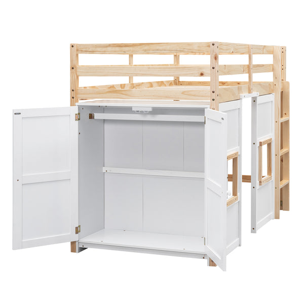 English Elm Wood Twin Loft Bed with Built-In Wardrobe, Play Space Below, Sturdy Pine & MDF Frame, Safe Design Natural+White GX000443AAK