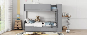 English Elm Twin Over Kids Bunk Bed Pinewood Frame with Built-in Drawers and Cabinet Storage Gray LT000768AAE