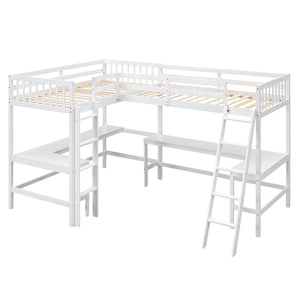 English Elm Wood Twin Loft Bed with Ladders and Dual Built-In L-Shaped Desks for Study & Sleepovers Perfect for Family Retreats White GX000444AAK