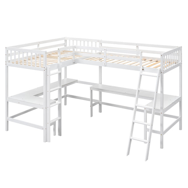 English Elm Wood Twin Loft Bed with Ladders and Dual Built-In L-Shaped Desks for Study & Sleepovers Perfect for Family Retreats White GX000444AAK