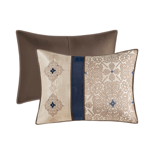 English Elm Cal King Madison Park Donovan 7-Piece Jacquard Comforter Set in Navy Taupe Ivory Brown with Embroidered Medallions and Decorative Pillows B03596995