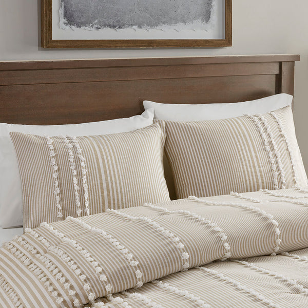 English Elm King Harbor House Anslee Cotton Yarn-Dyed 3-Piece Comforter Set: Taupe Striped Chenille, OEKO-TEX Certified, Oversized Cozy Elegance B03595748
