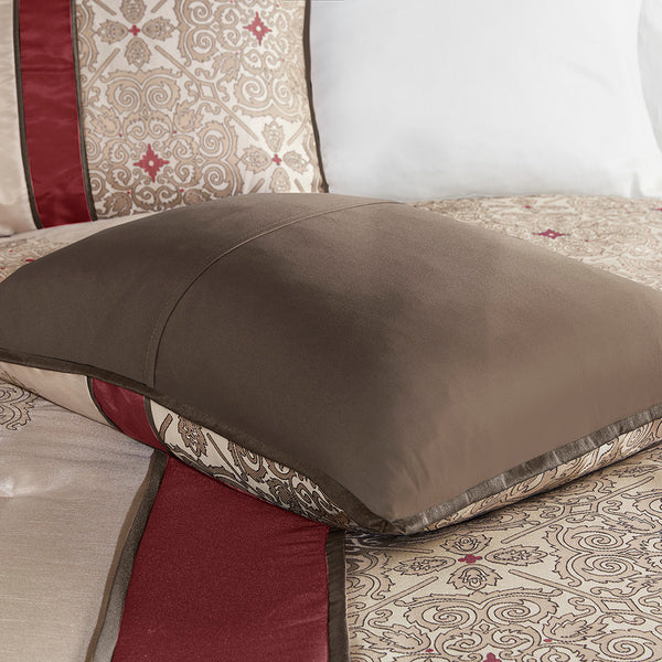 English Elm Cal King Donovan Red Jacquard 7-Piece Comforter Set with Embroidered Taupe Accents, Pillows, Bedskirt B03597223